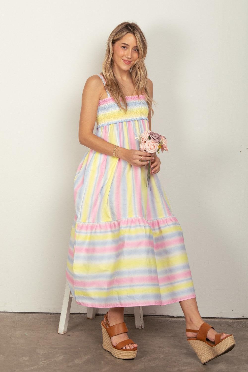 VERY J Striped Woven Smocked Midi Cami Dress - ClubOn