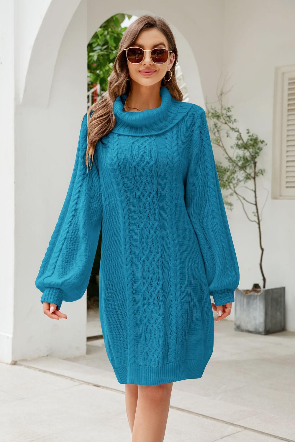 Woven Right Mixed Knit Turtleneck Lantern Sleeve Sweater Dress - ClubOn