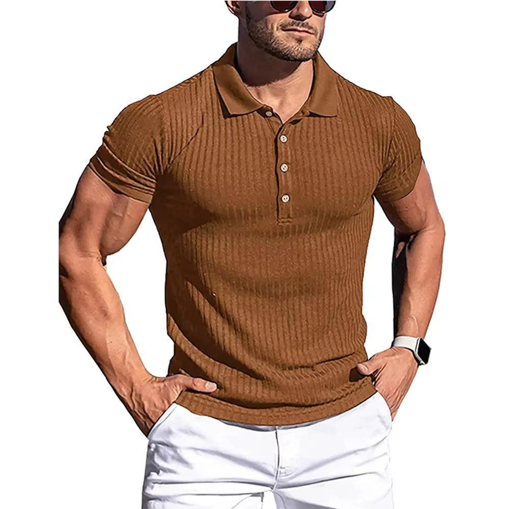 Men's Elastic Short-Sleeved Polo Shirt - Solid Color Striped Fitness Top - ClubOn