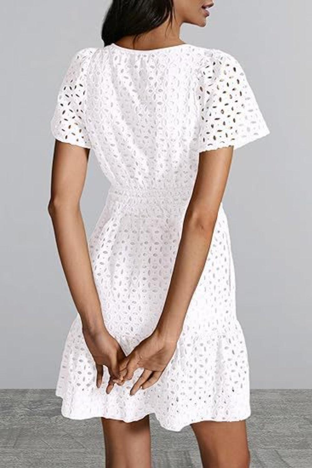 Eyelet Notched Short Sleeve Mini Dress - ClubOn