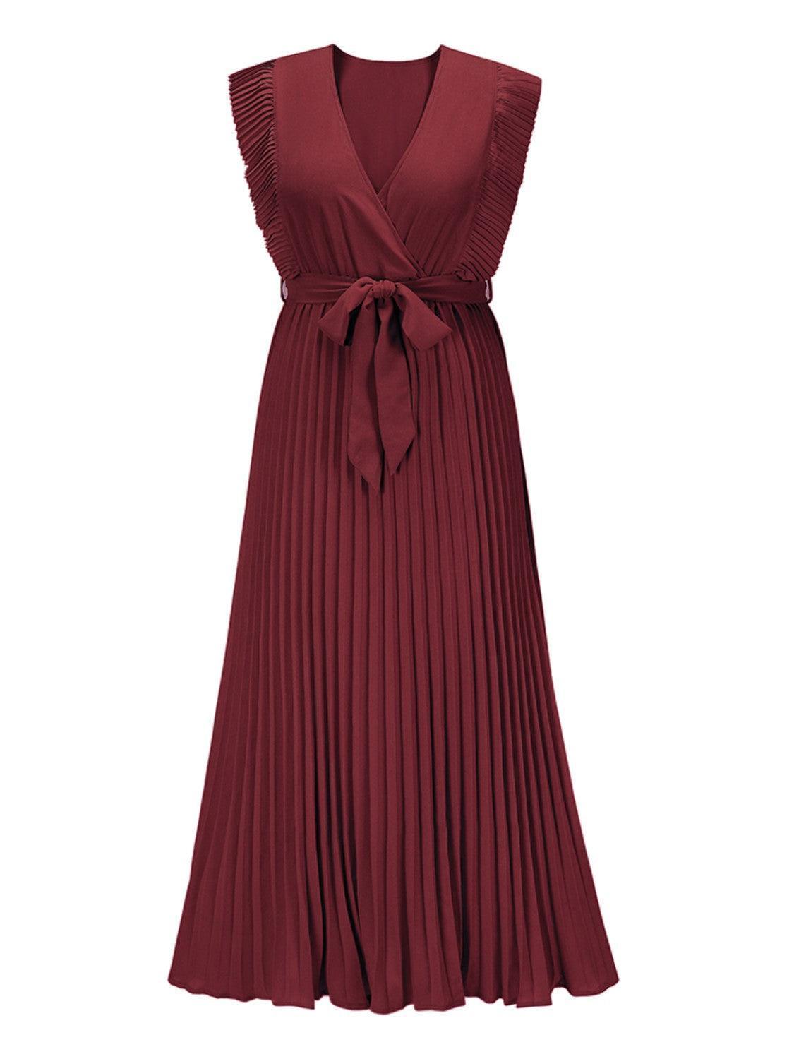 Tied Surplice Cap Sleeve Pleated Dress - ClubOn