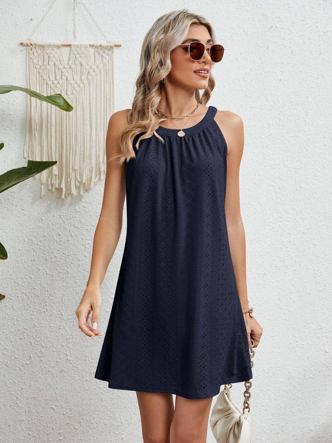 Eyelet Grecian Neck Mini Dress - ClubOn