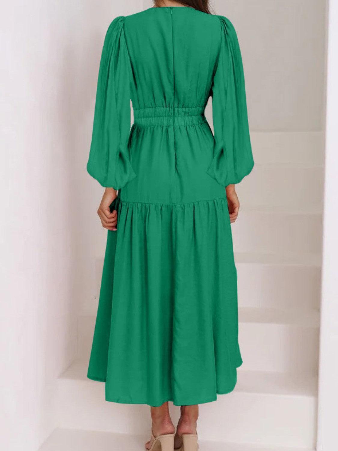Deep V-Neck Balloon Sleeve Plain Maxi Dress - ClubOn