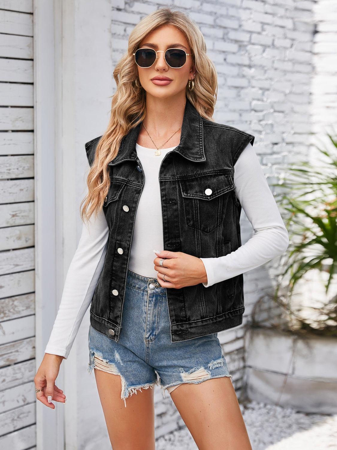Button Up Cap Sleeve Denim Jacket - ClubOn
