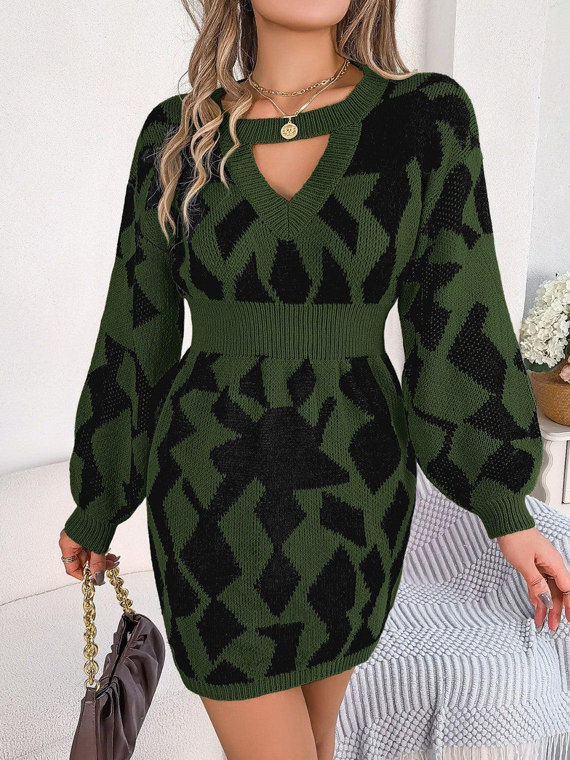 Contrast Round Neck Cutout Long Sleeve Mini Sweater Dress - ClubOn