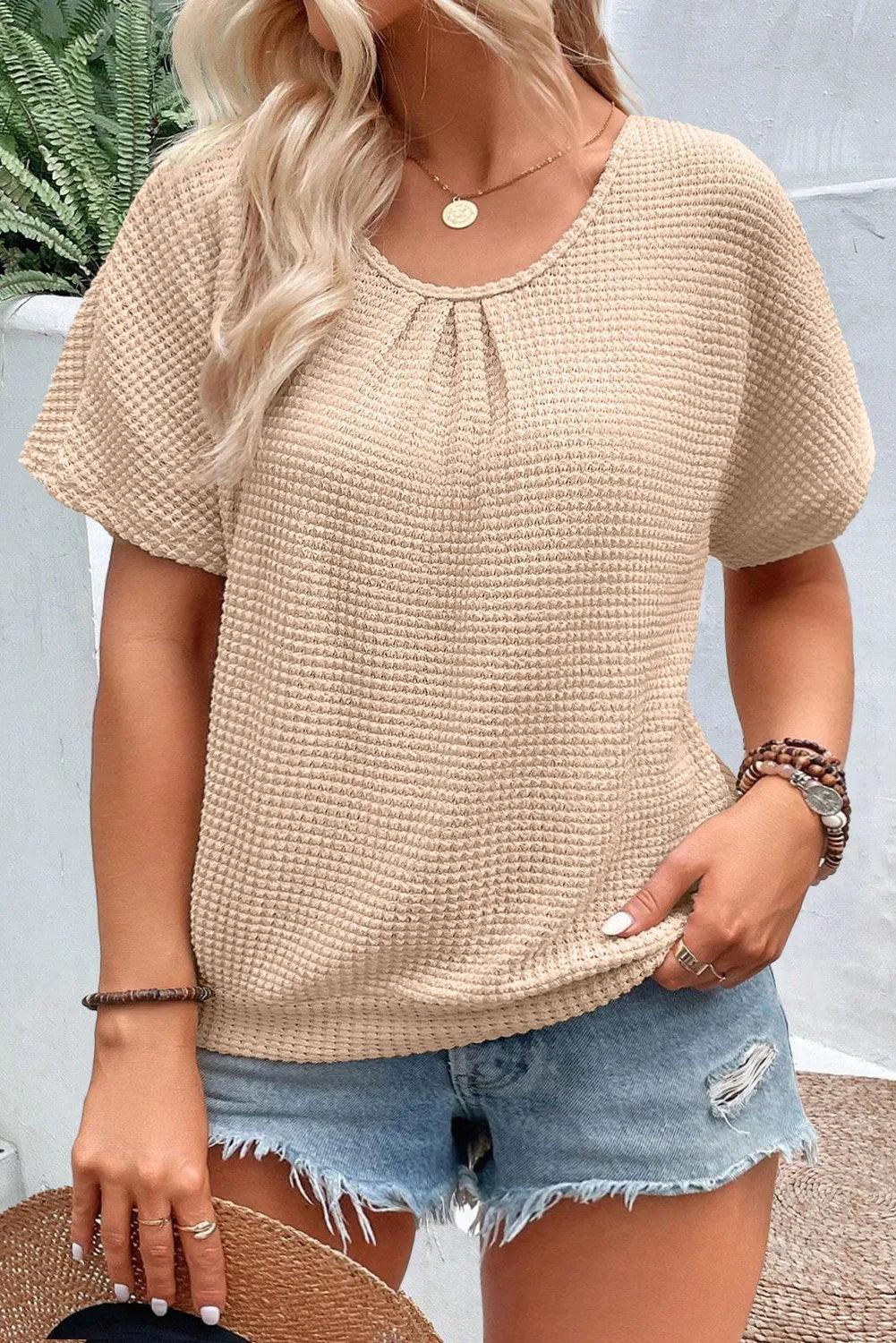 Plus Size Textured Lace Round Neck Short Sleeve T-Shirt - ClubOn