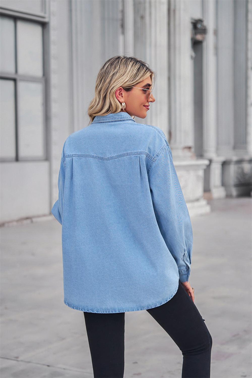 Collared Neck Dropped Shoulder Denim Top - ClubOn