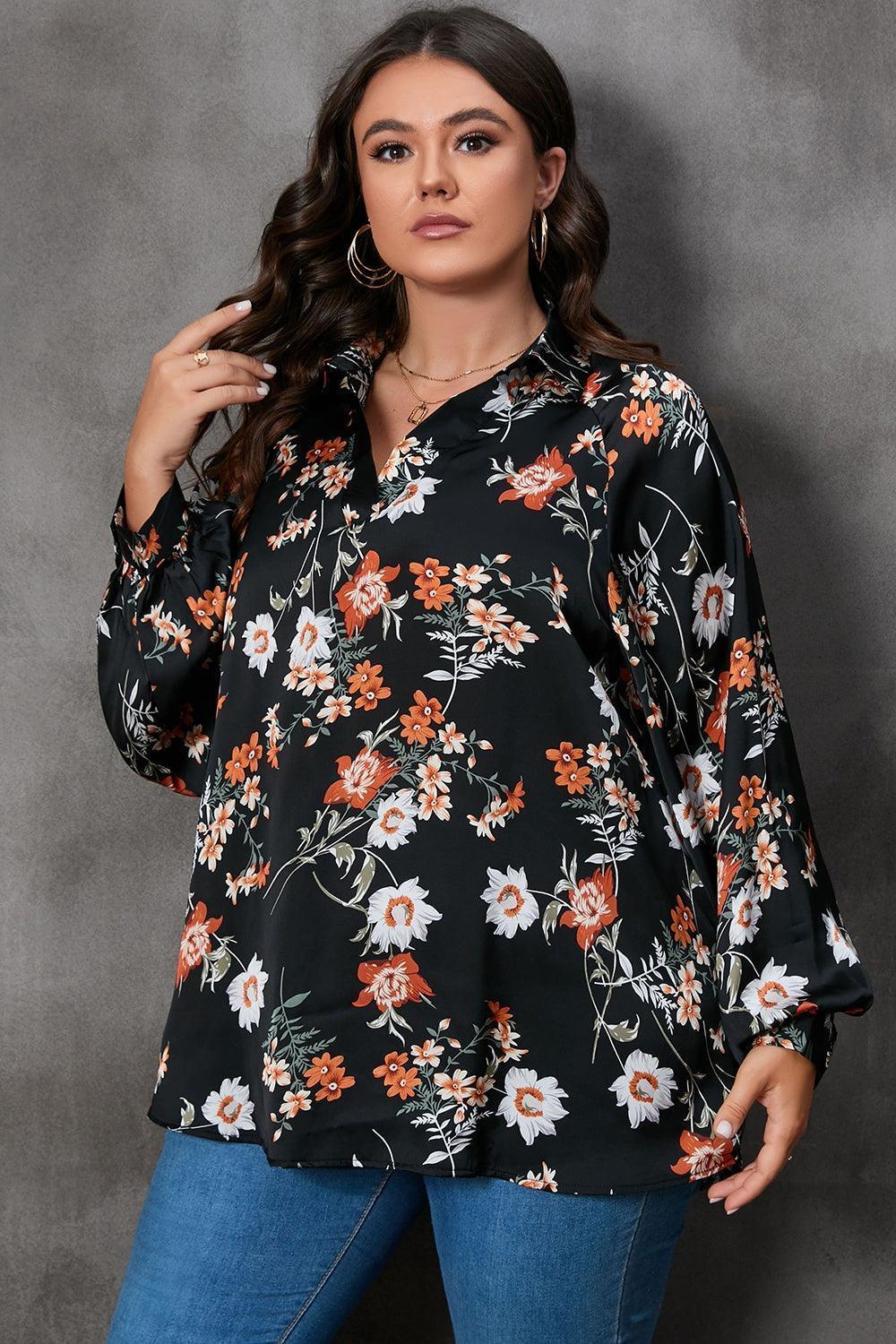 Plus Size Printed Johnny Collar Long Sleeve Blouse - ClubOn
