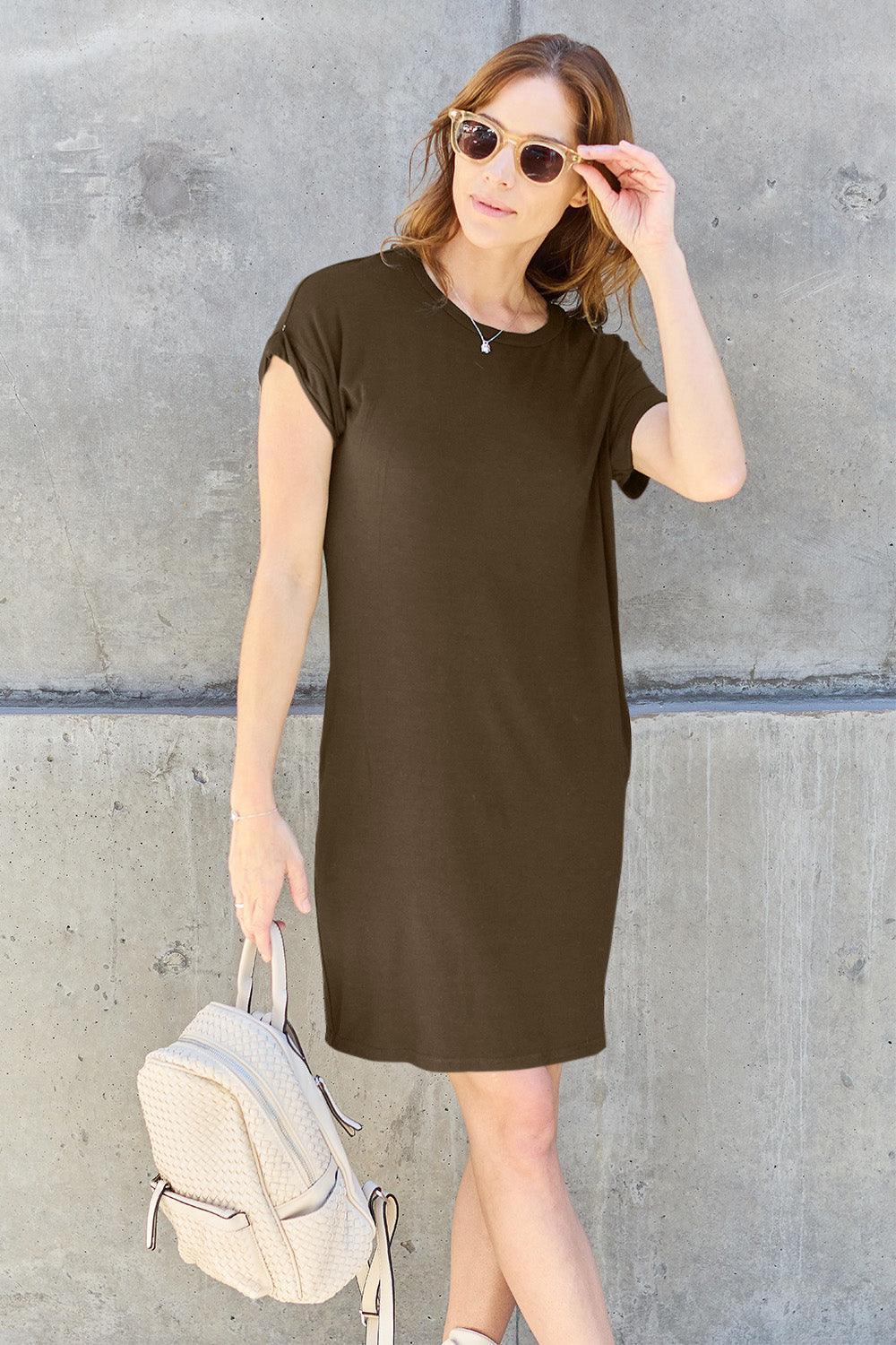 Basic Bae Full Size Round Neck Short Sleeve Dress with Pockets - ClubOn