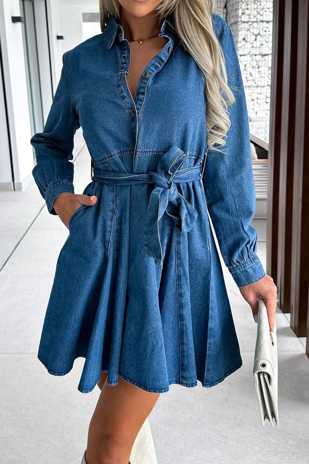 Tied Half Button Long Sleeve Denim Dress - ClubOn