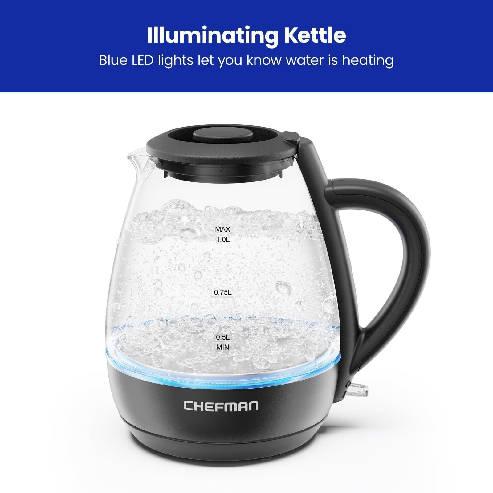 Chefman 1L Electric Glass Kettle w/ LED Indicator Light – Black, Automatic Shutoff - ClubOn