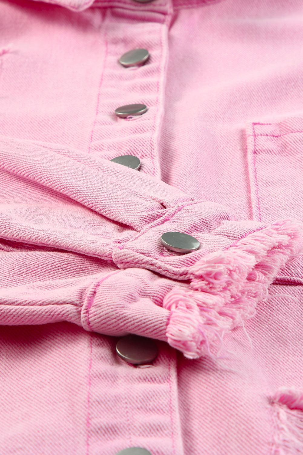 Distressed Button Up Raw Hem Denim Jacket - ClubOn