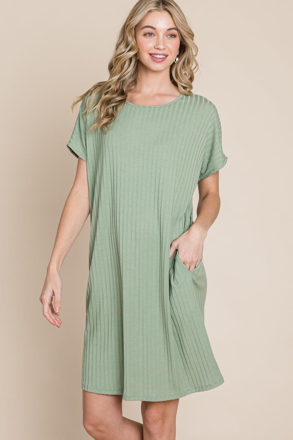 BOMBOM Ribbed Round Neck Short Sleeve Dress - ClubOn