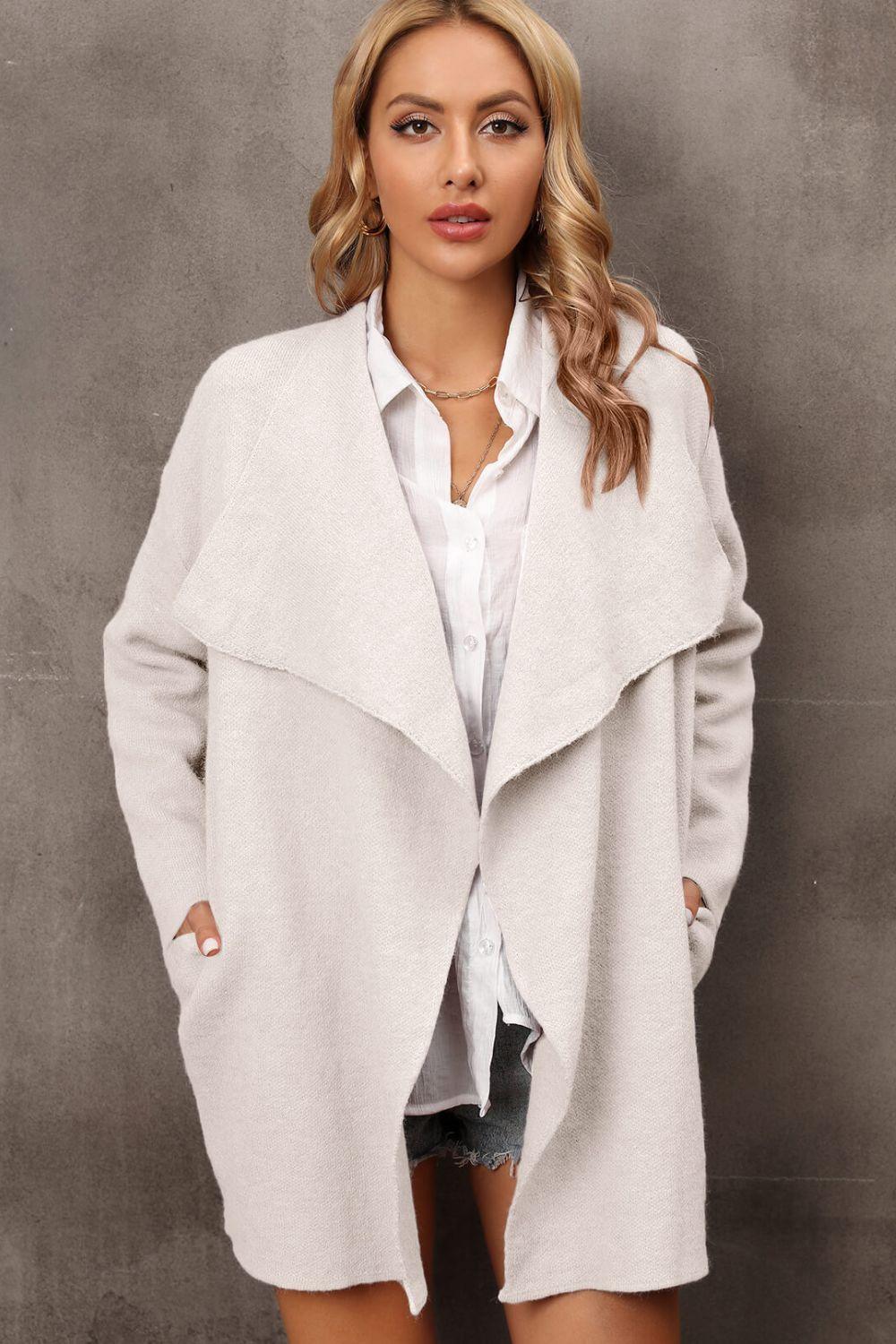 Angel Wings Waterfall Collar Longline Cardigan with Side Pockets - ClubOn
