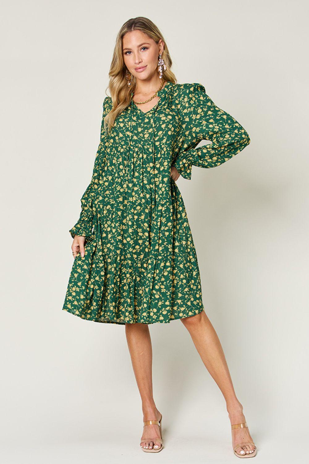 Double Take Full Size Printed Ruffle Hem Long Sleeve Tiered Dress - ClubOn