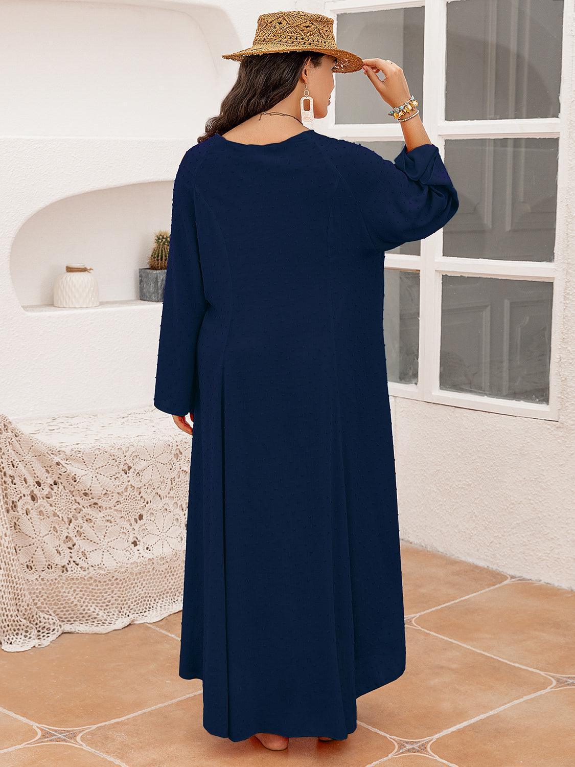 Plus Size Tie Neck Long Sleeve Slit Dress - ClubOn