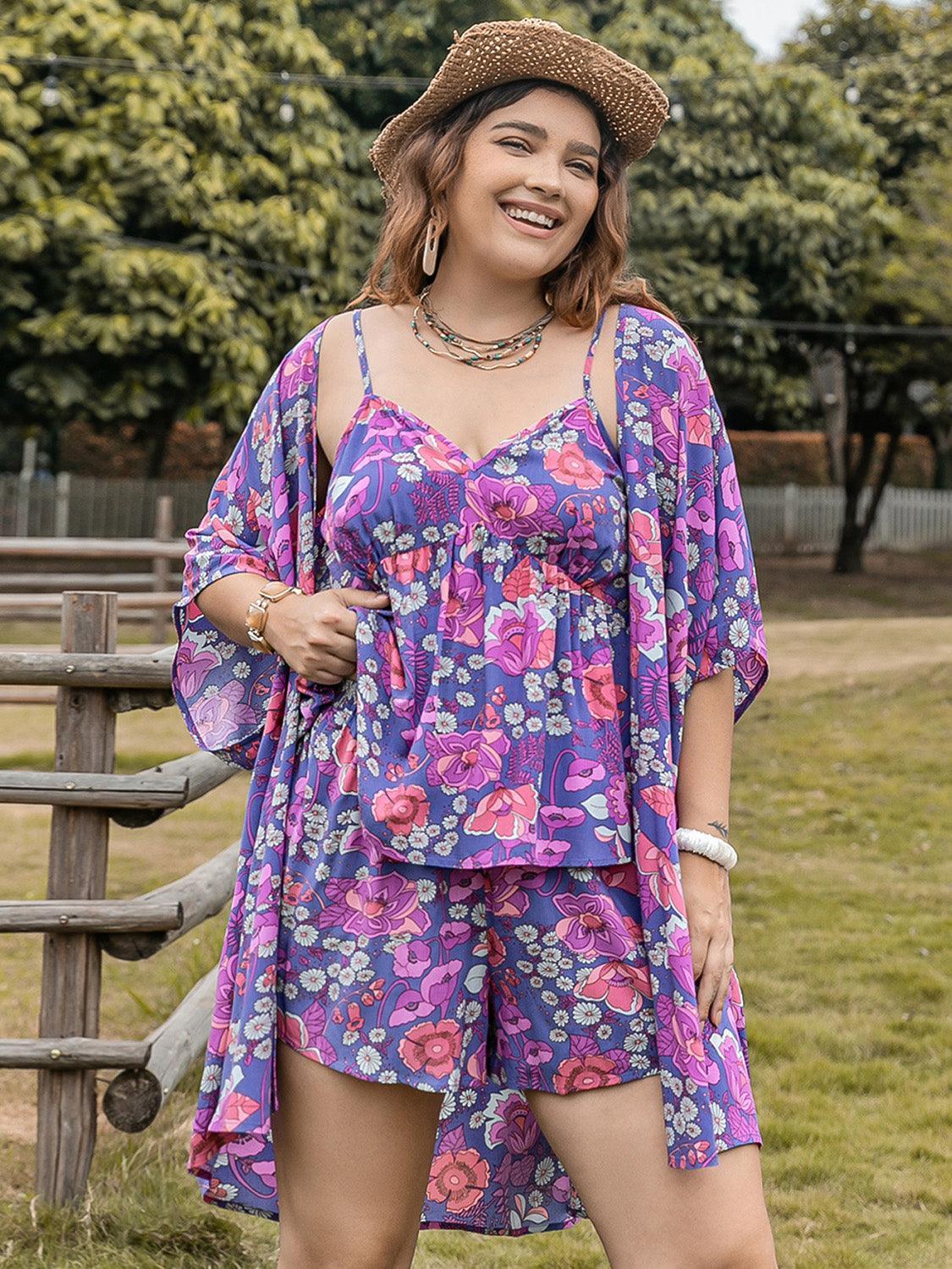 Plus Size Printed Cami, Open Front Cover Up and Shorts Set - ClubOn