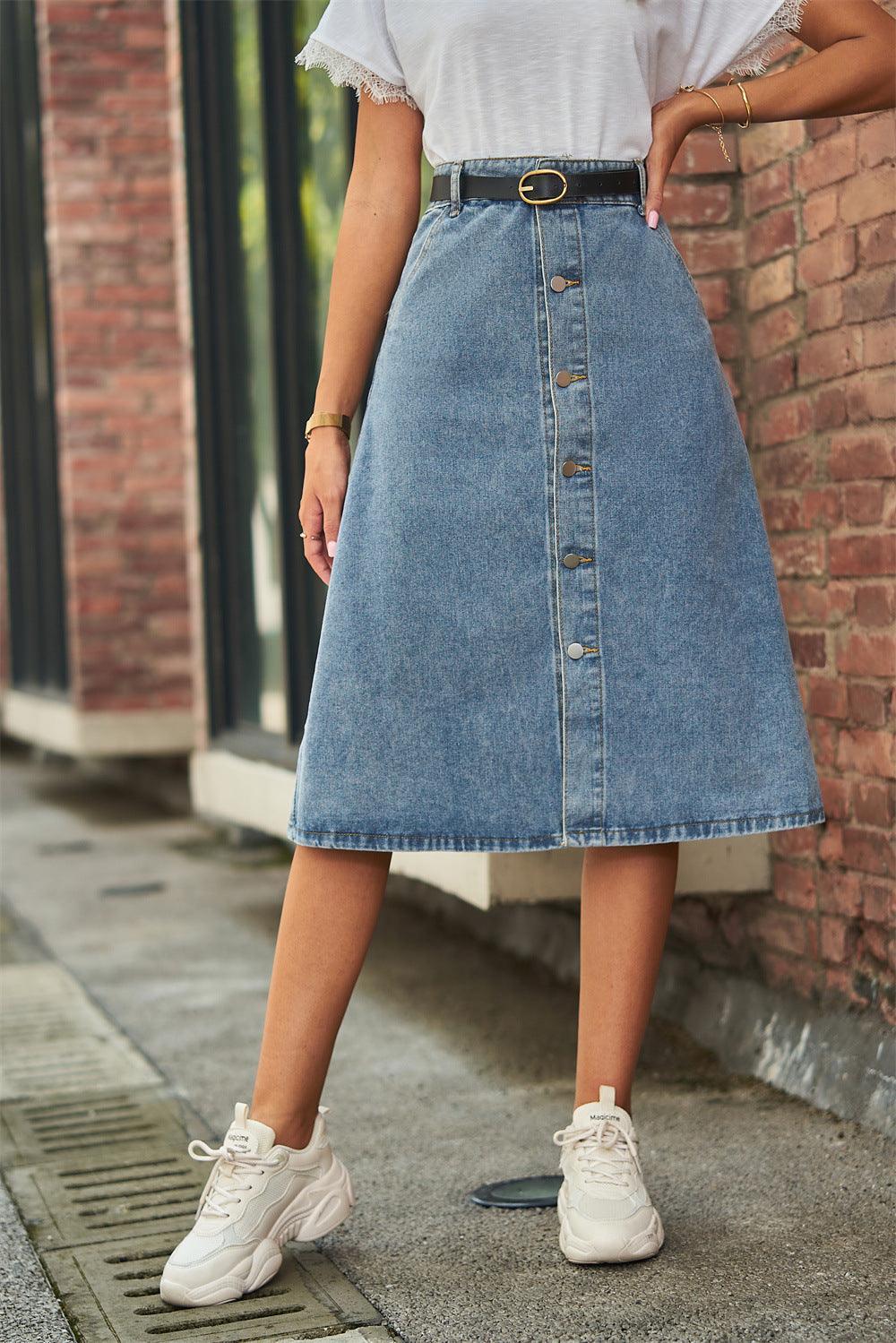 Button Front A-Line Denim Skirt - ClubOn