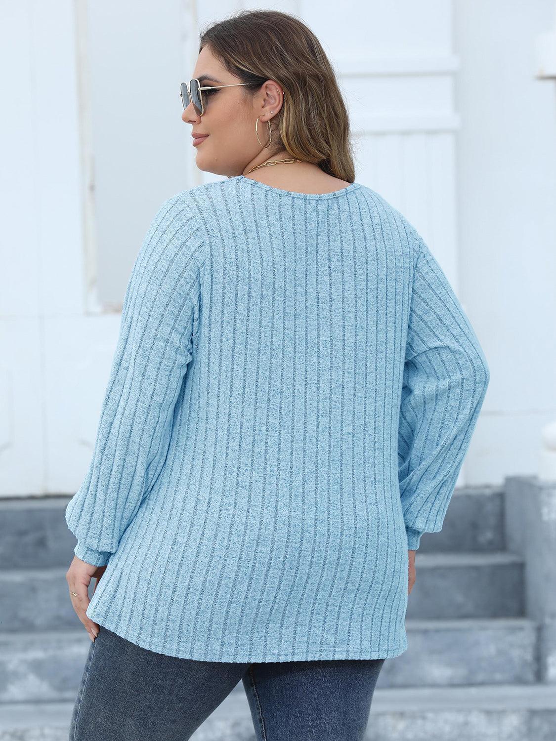 Plus Size Ribbed V-Neck Long Sleeve Top - ClubOn