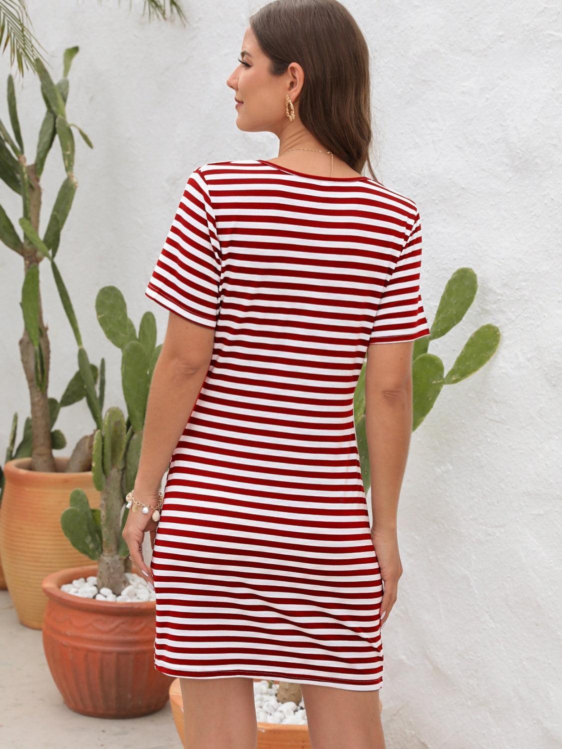 Cutout Striped Round Neck Short Sleeve Dress - ClubOn