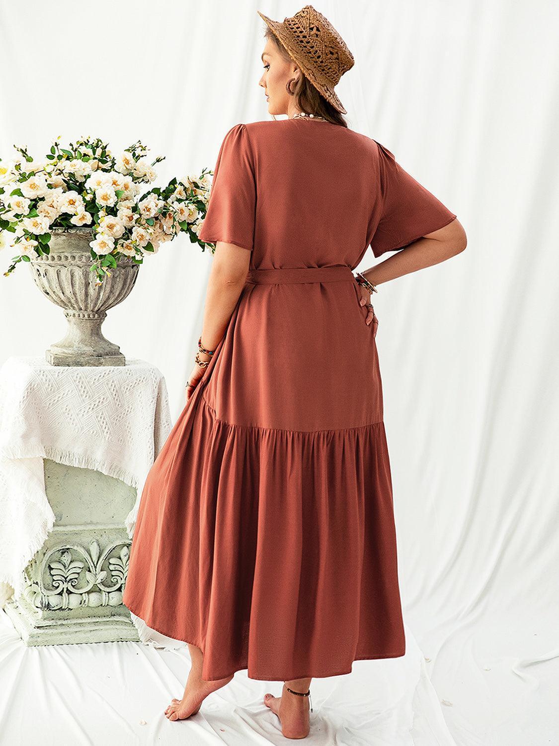 Plus Size V-Neck Flutter Sleeve Midi Dress - ClubOn