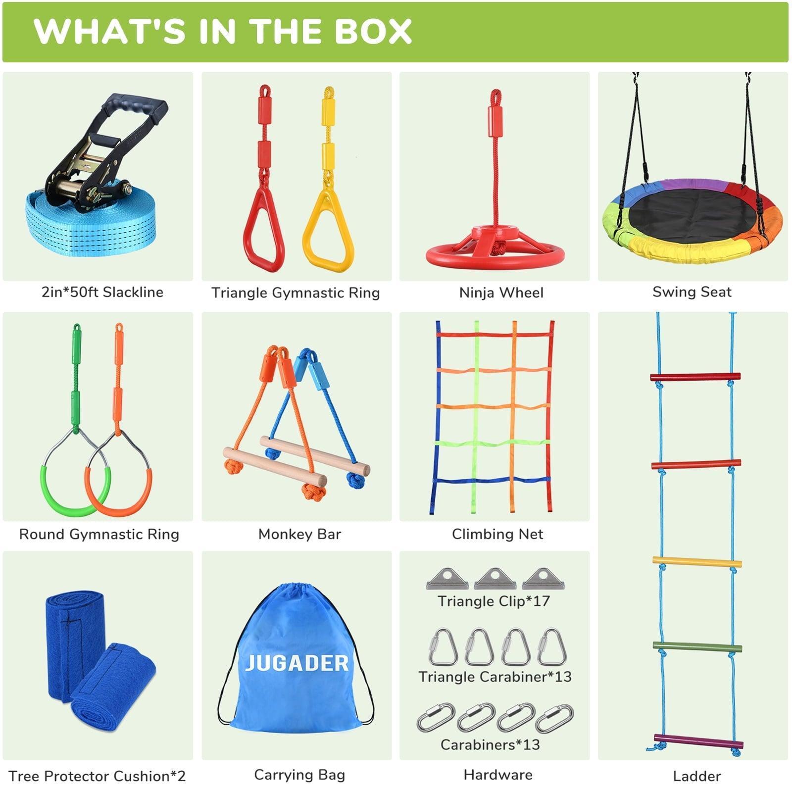 HAPFAN 50ft Ninja Warrior Obstacle Course – Slackline, Monkey Bars, and Saucer Swing for Backyard Adventure, Kids Outdoor Play - ClubOn