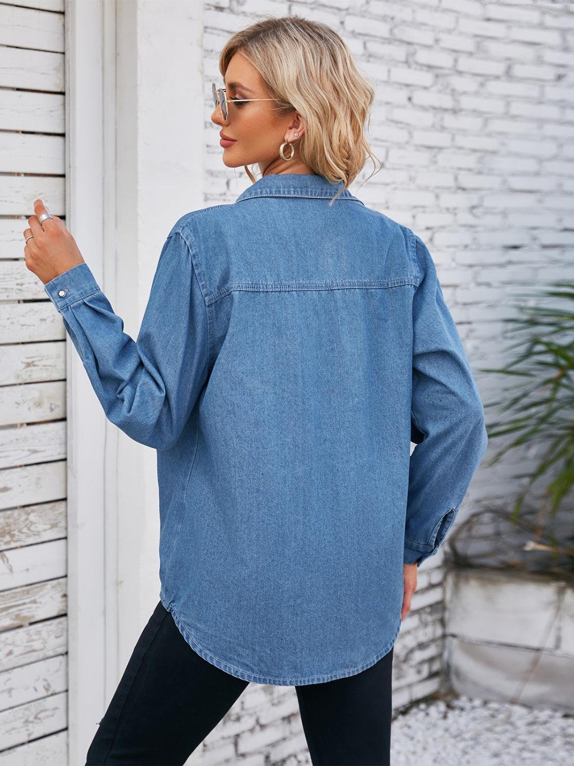 Button Up Collared Neck Denim Jacket - ClubOn
