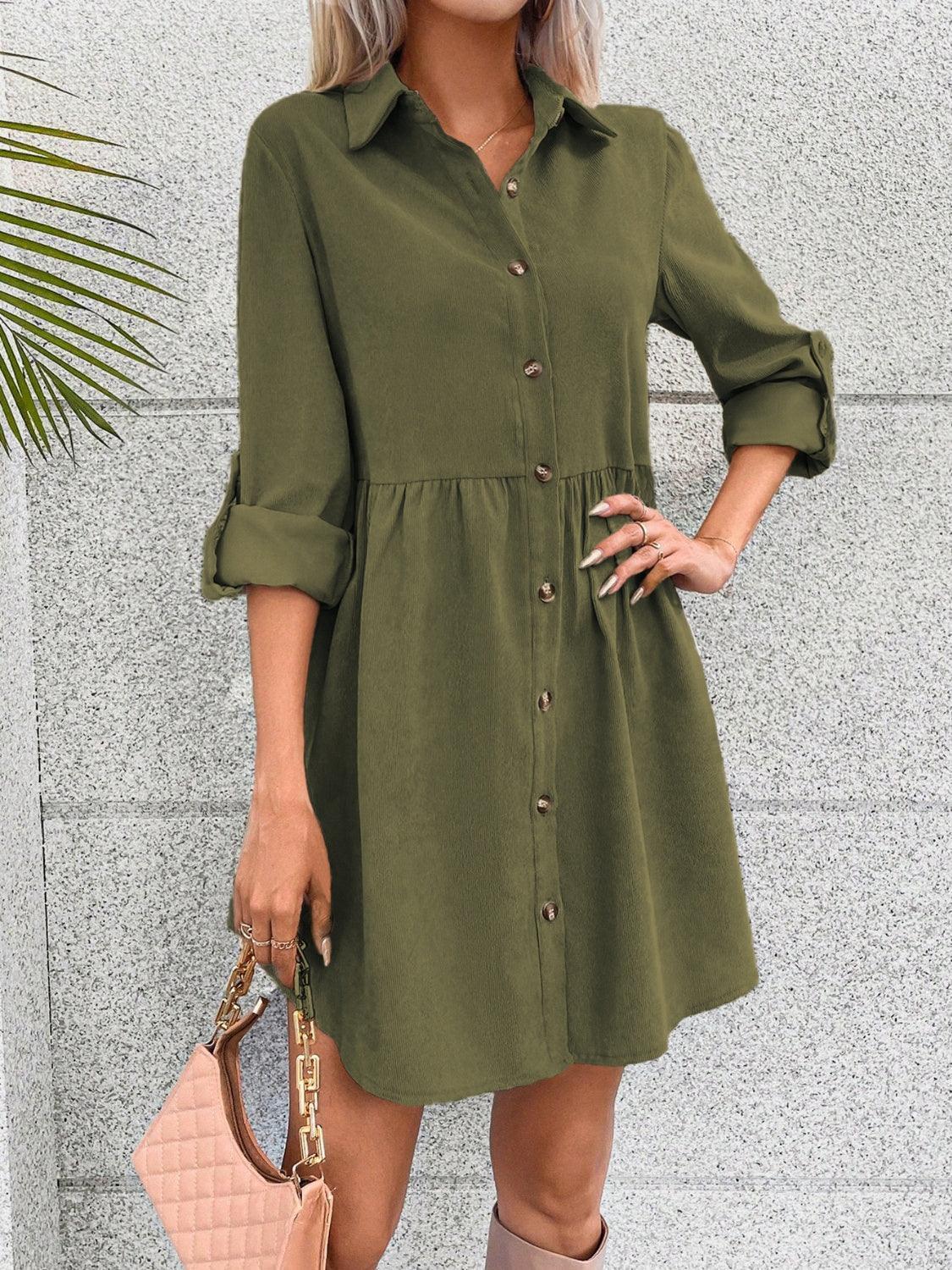 Button Up Collared Neck Long Sleeve Dress - ClubOn