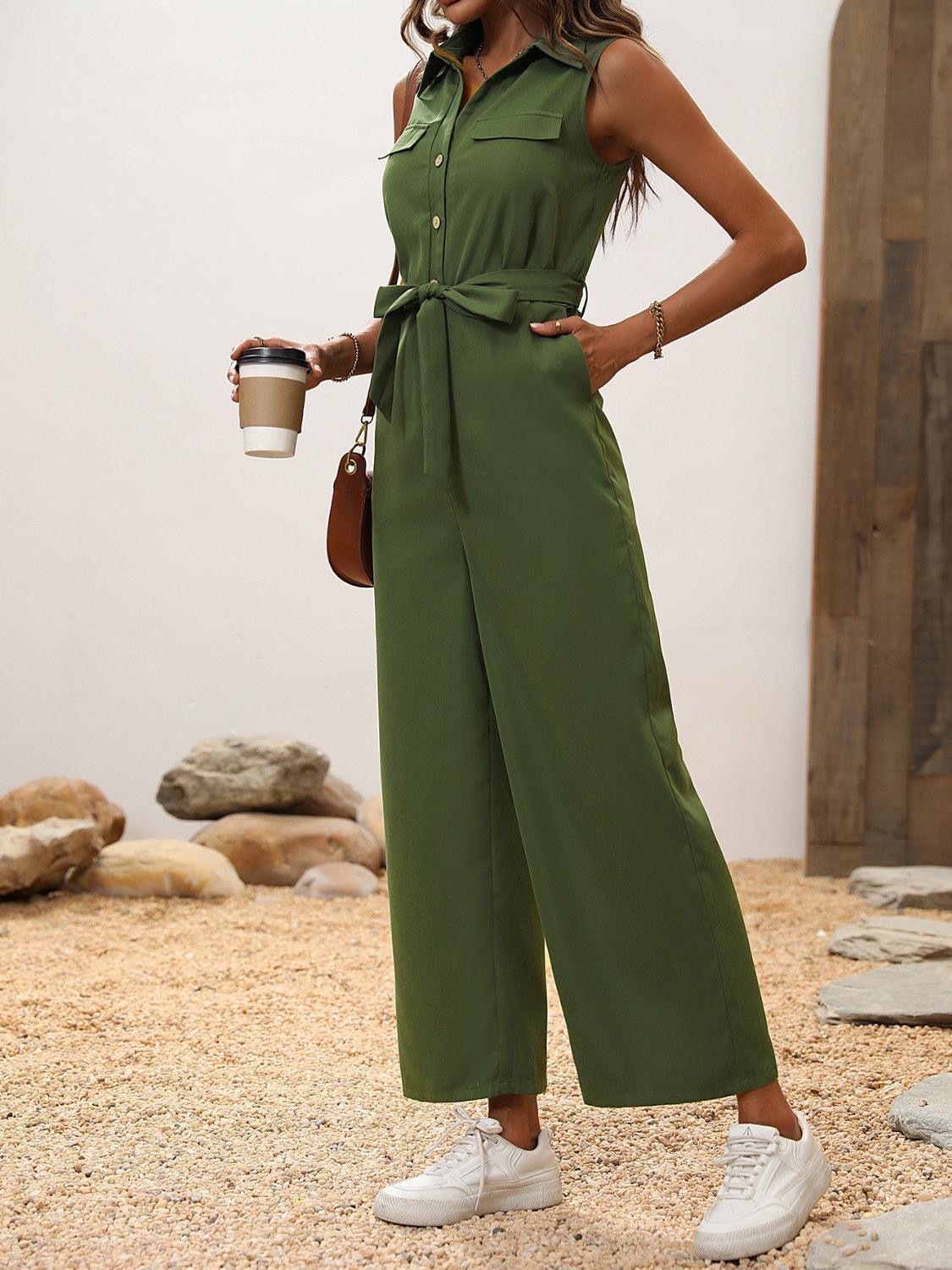 Honey Tie Waist Sleeveless Wide Leg Jumpsuit - ClubOn