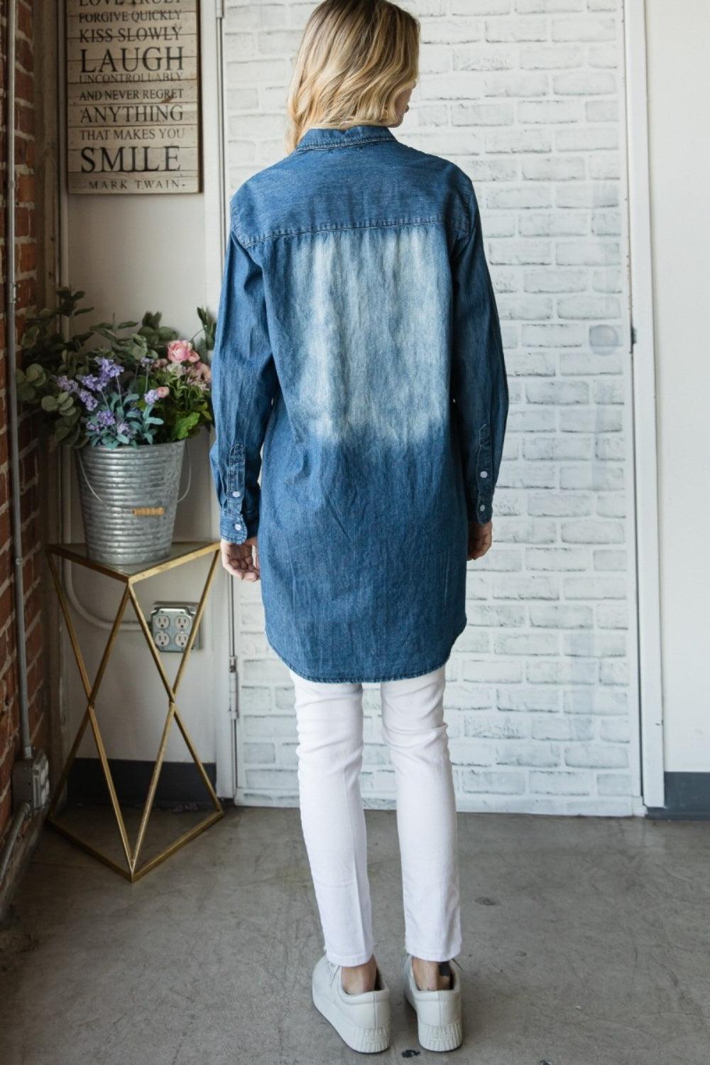 Veveret Pocketed Button Up Washed Denim Shirt - ClubOn