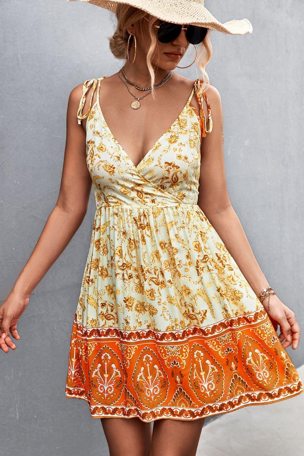 Bohemian Tie Shoulder Surplice Backless Dress - ClubOn