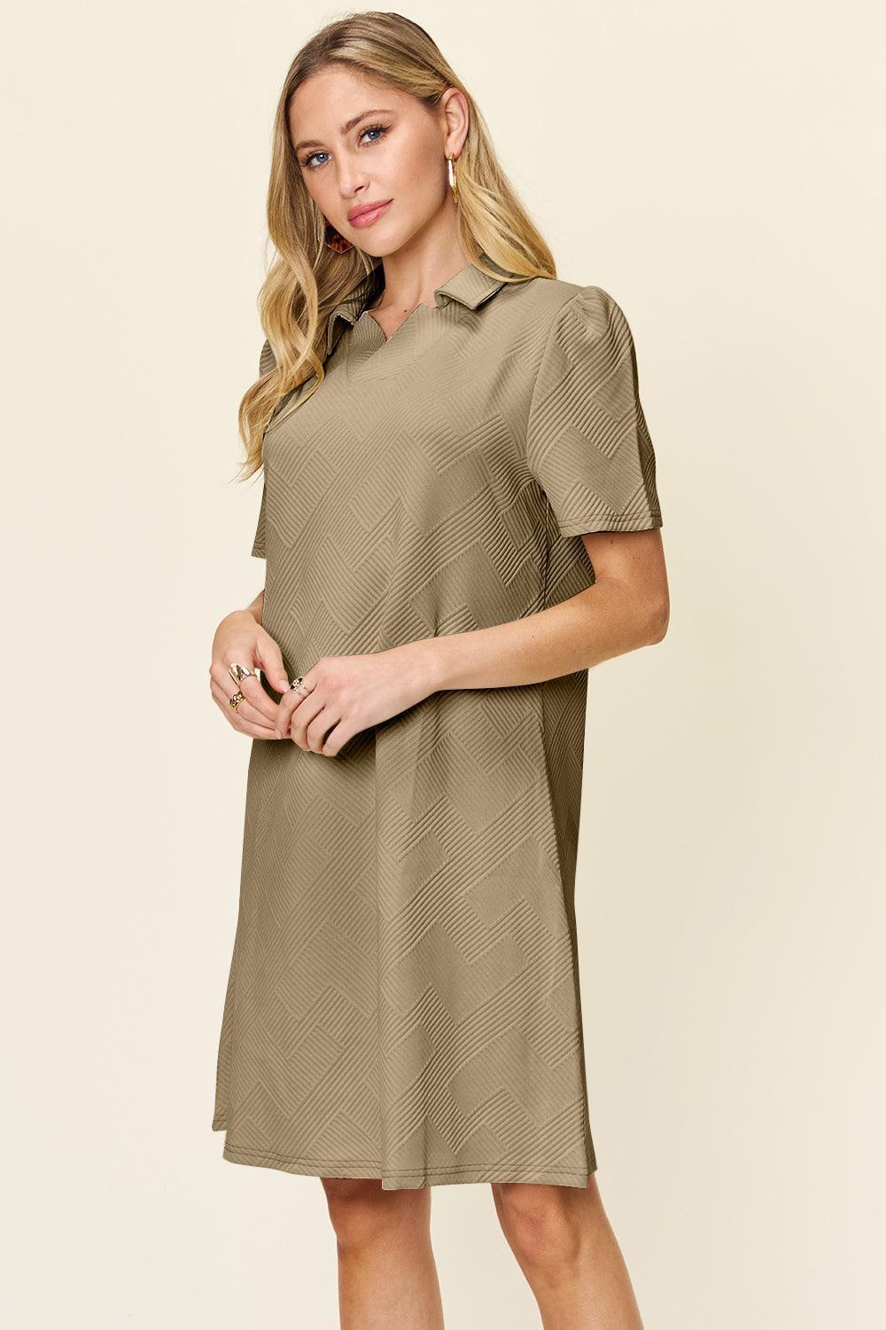 Double Take Full Size Texture Collared Neck Short Sleeve Dress - ClubOn