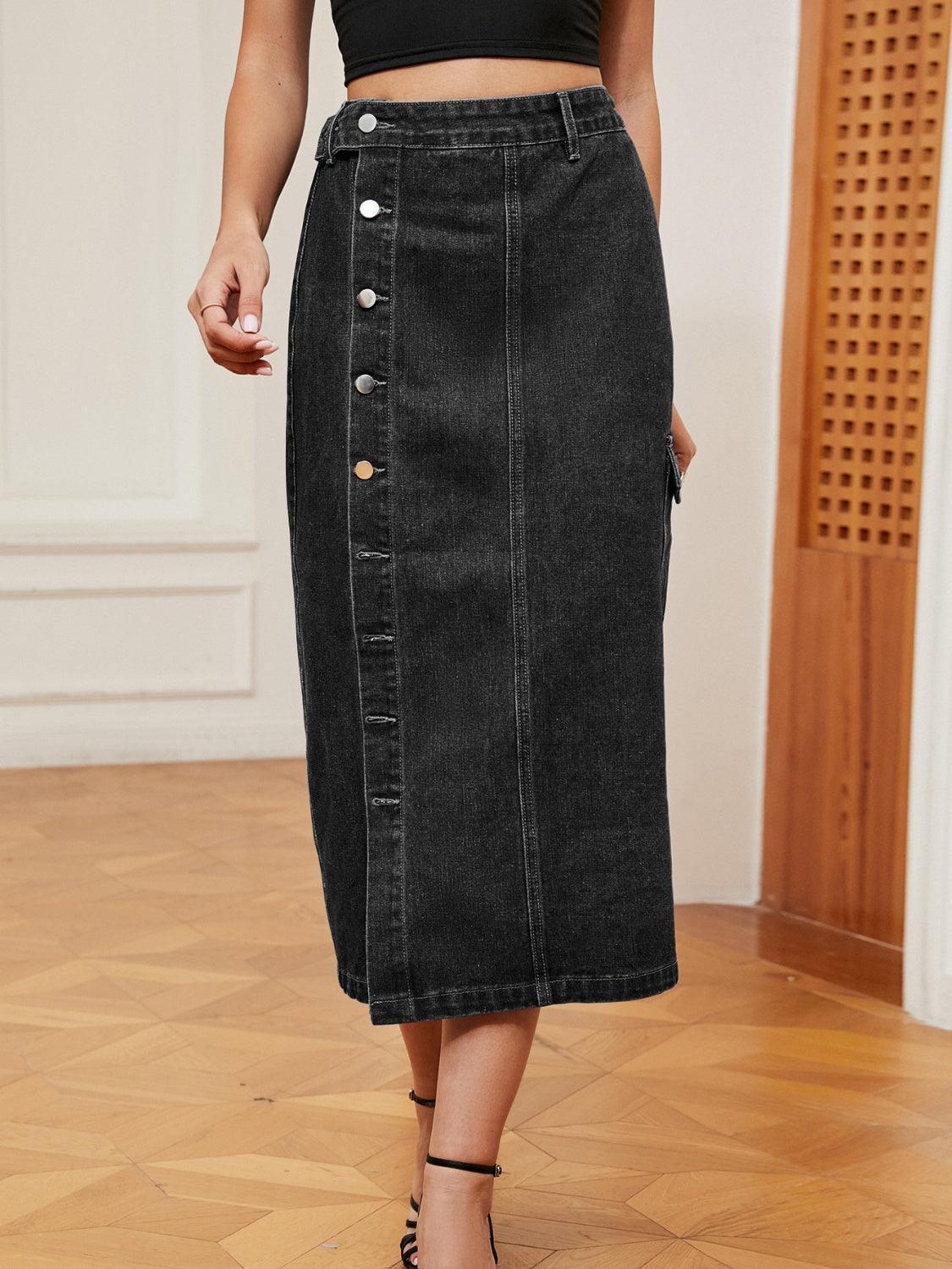 Button Down Midi Denim Skirt - ClubOn