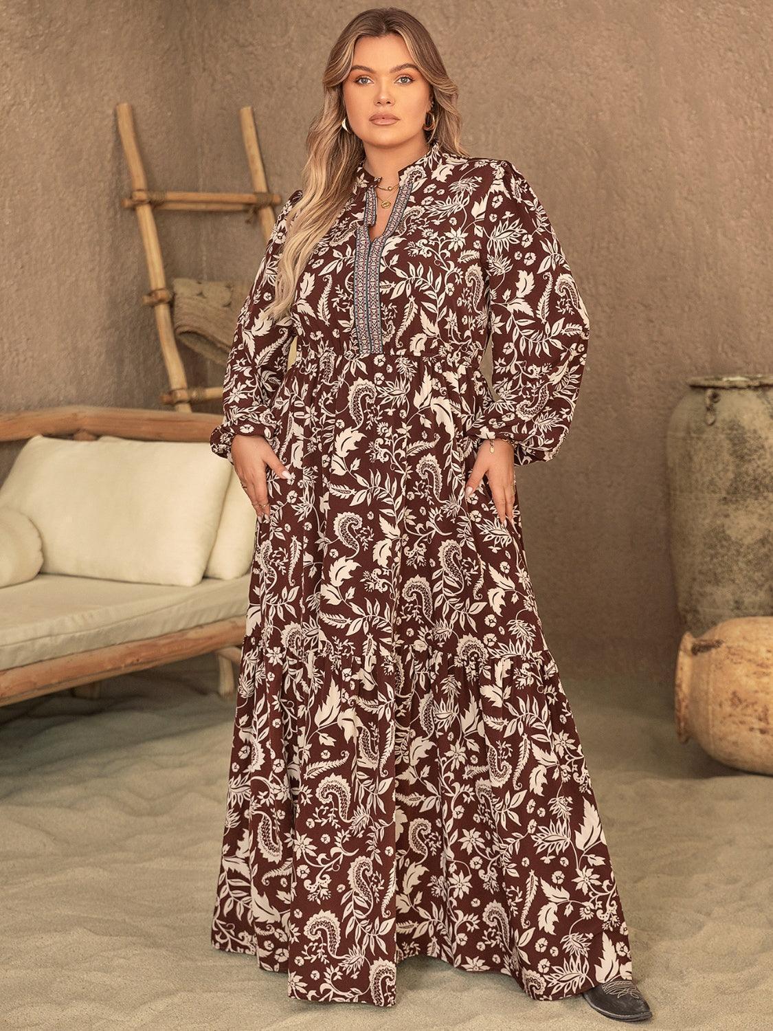 Plus Size Notched Balloon Sleeve Printed Maxi Dress - ClubOn