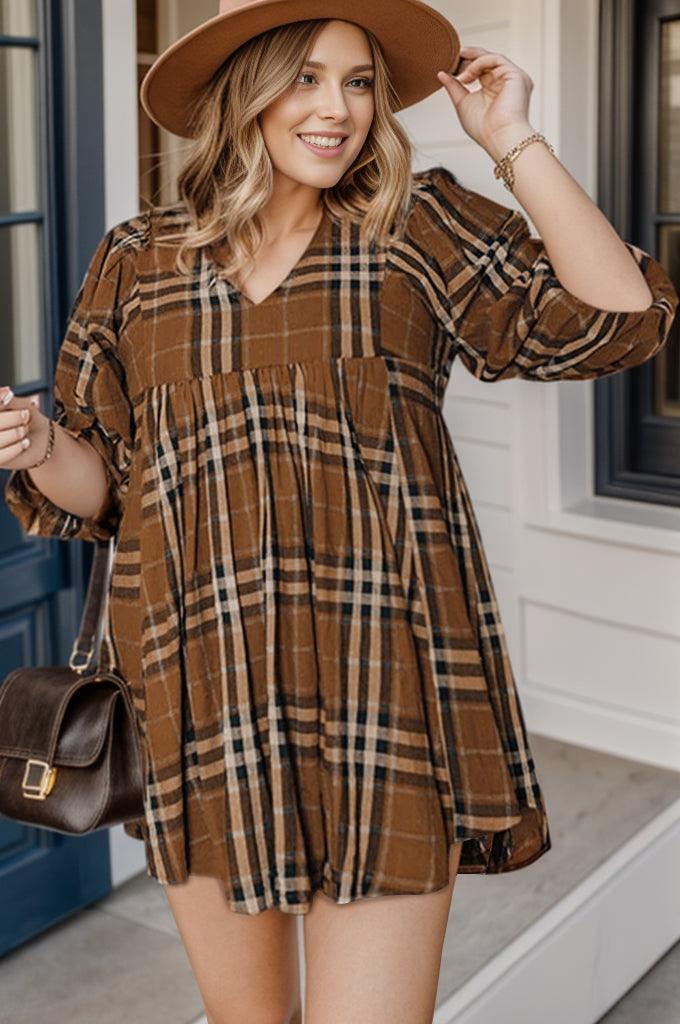 Plus Size Plaid V-Neck Balloon Sleeve Mini Dress - ClubOn