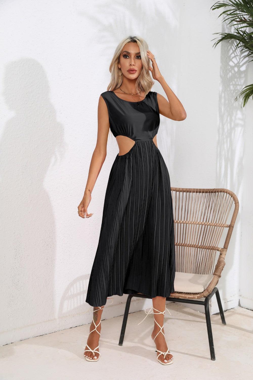 Cutout Ruched Round Neck Tank Dress - ClubOn