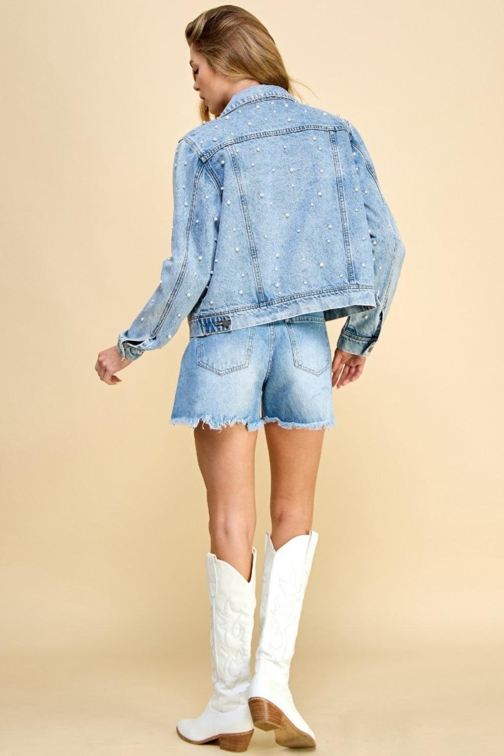 Veveret Button Up Pearl Detail Long Sleeve Denim Jacket - ClubOn