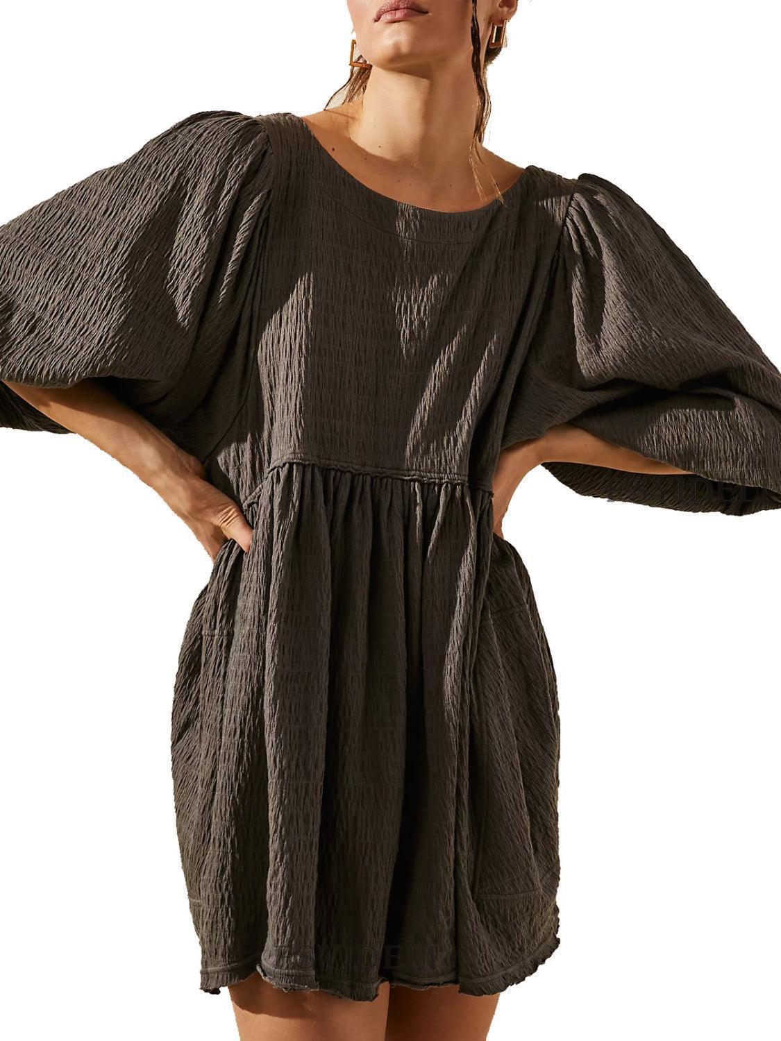 Cutout Textured Long Sleeve Mini Dress - ClubOn