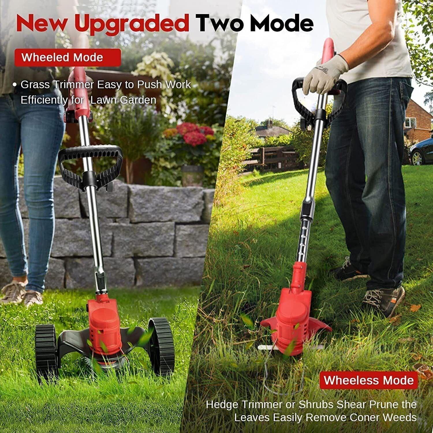 Electric Cordless Grass Trimmer, 24V 650W Battery Operated Weed Eater, String Trimmer Mower with Wheels, Lawn Edger & Grass Cutting Machine - ClubOn