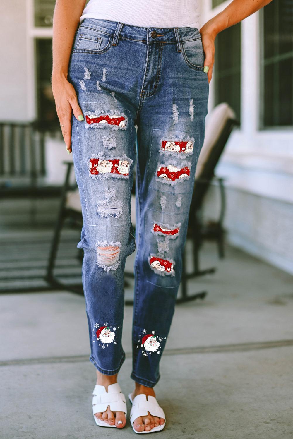 Santa Graphic Distressed Jeans with Pockets - ClubOn