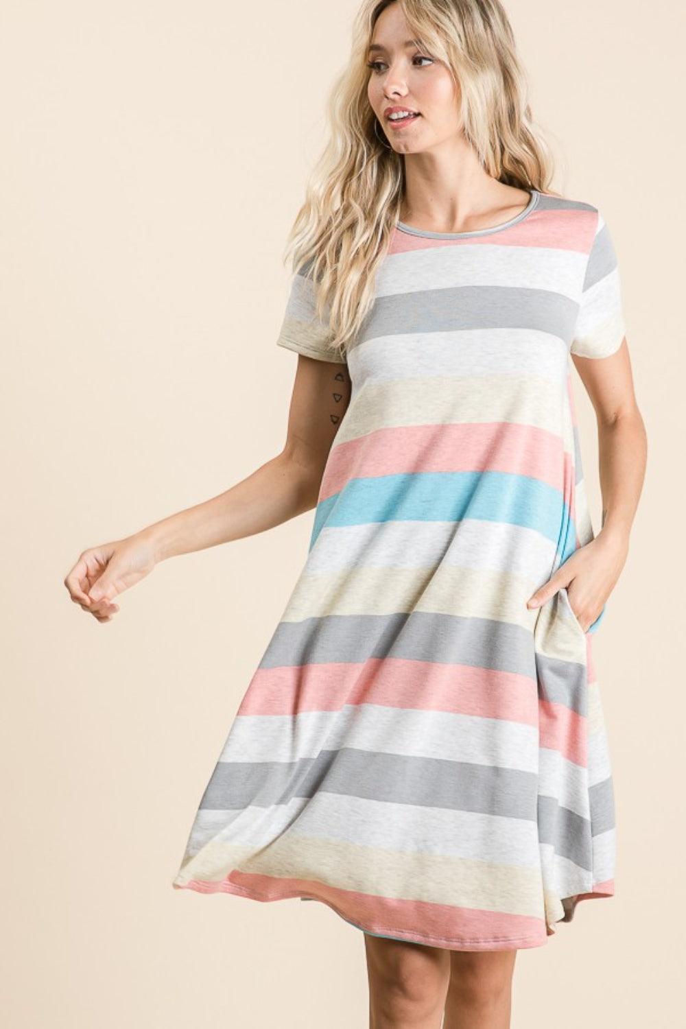 BOMBOM Striped Short Sleeve Dress with Pockets - ClubOn