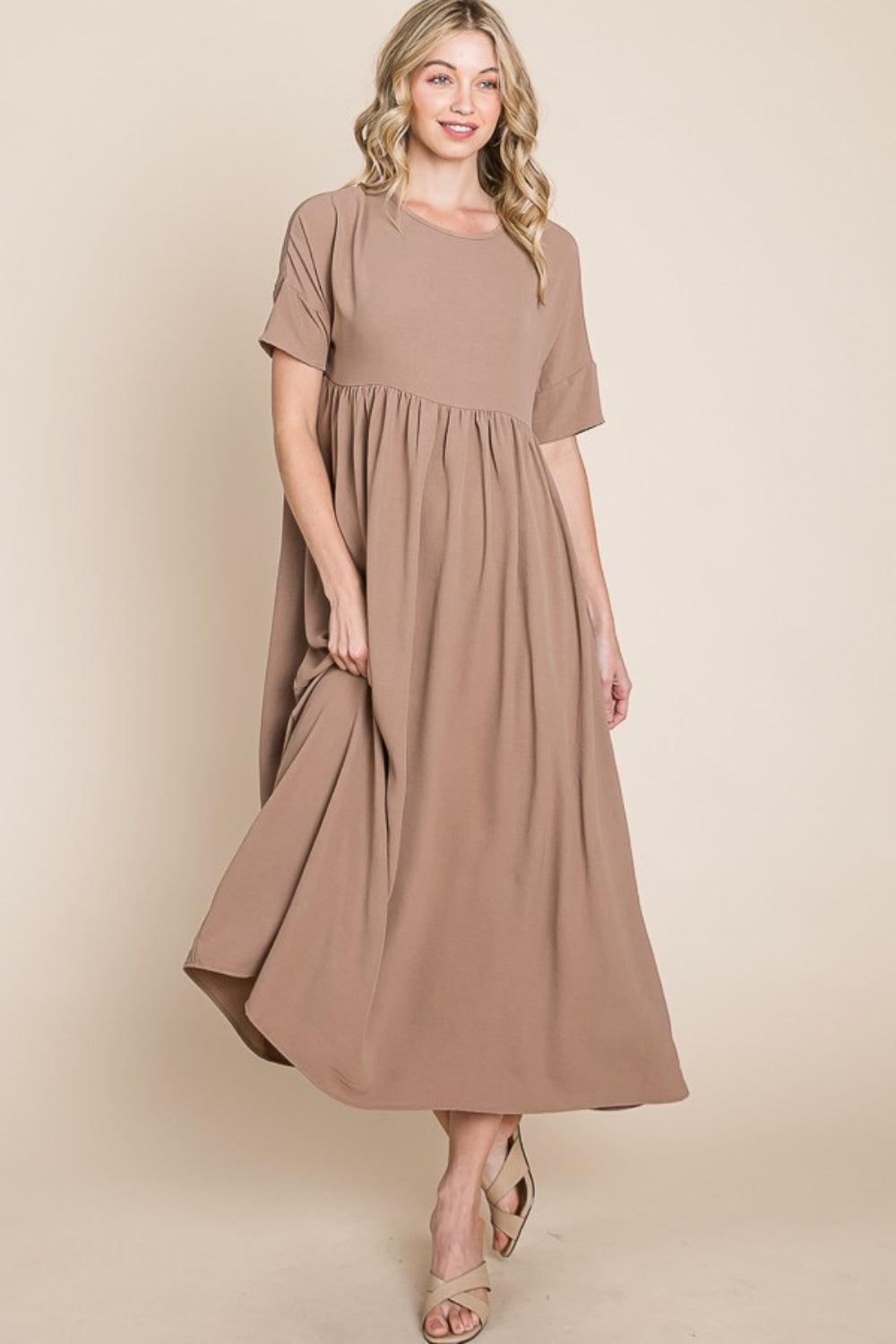 BOMBOM Round Neck Ruched Midi Dress - ClubOn