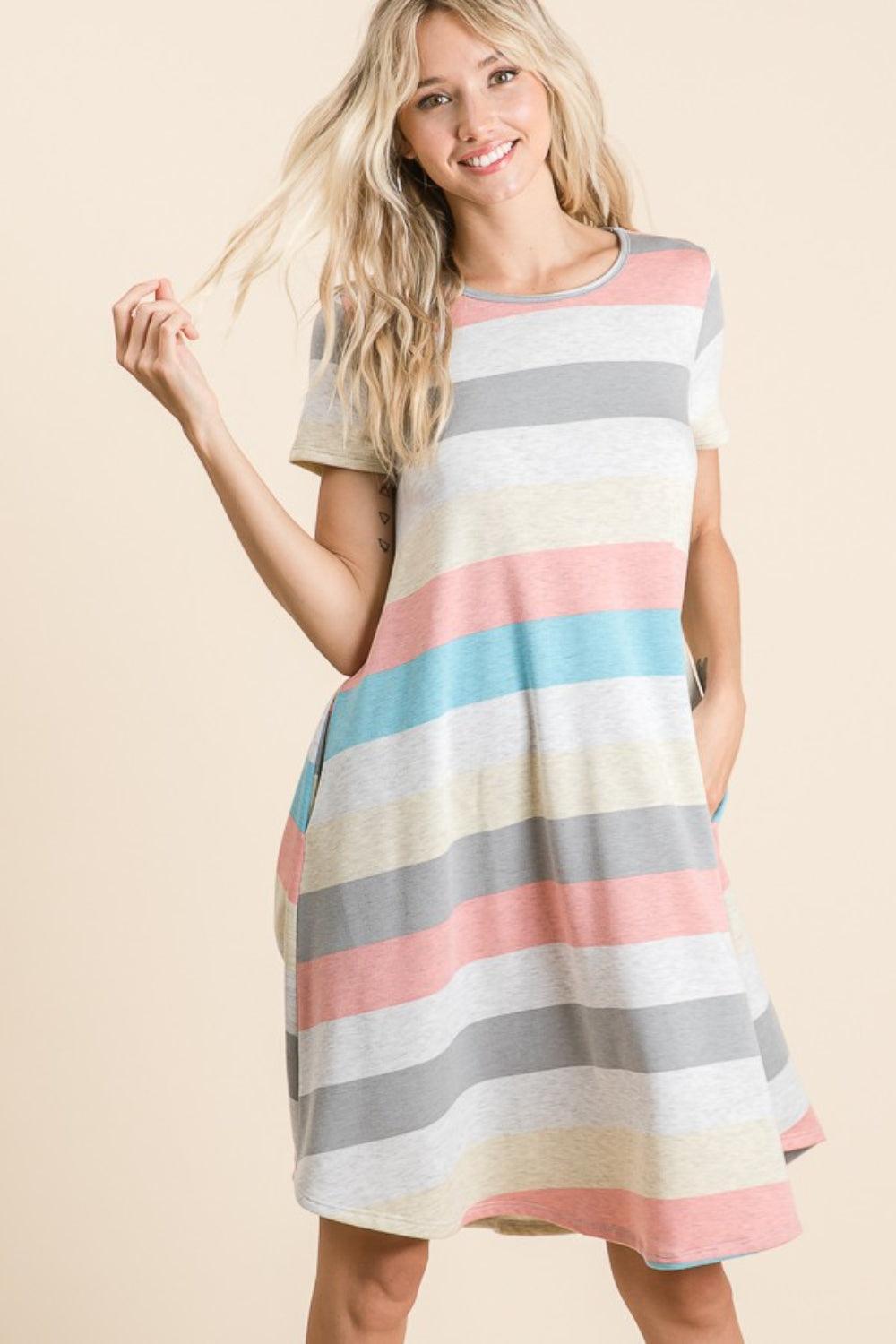 BOMBOM Striped Short Sleeve Dress with Pockets - ClubOn