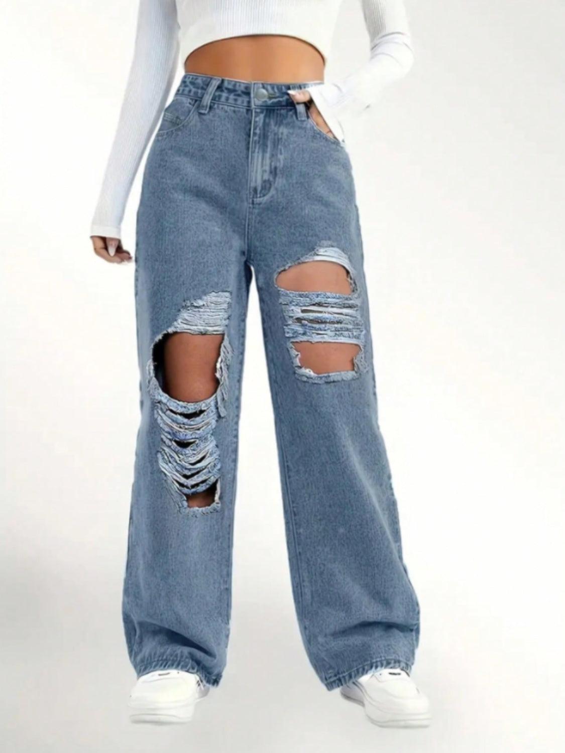 Distressed Wide Leg Jeans - ClubOn