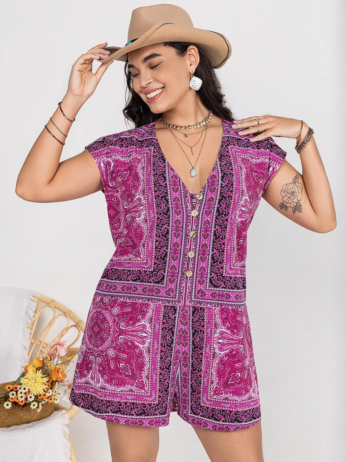 Plus Size Printed V-Neck Cap Sleeve Romper - ClubOn