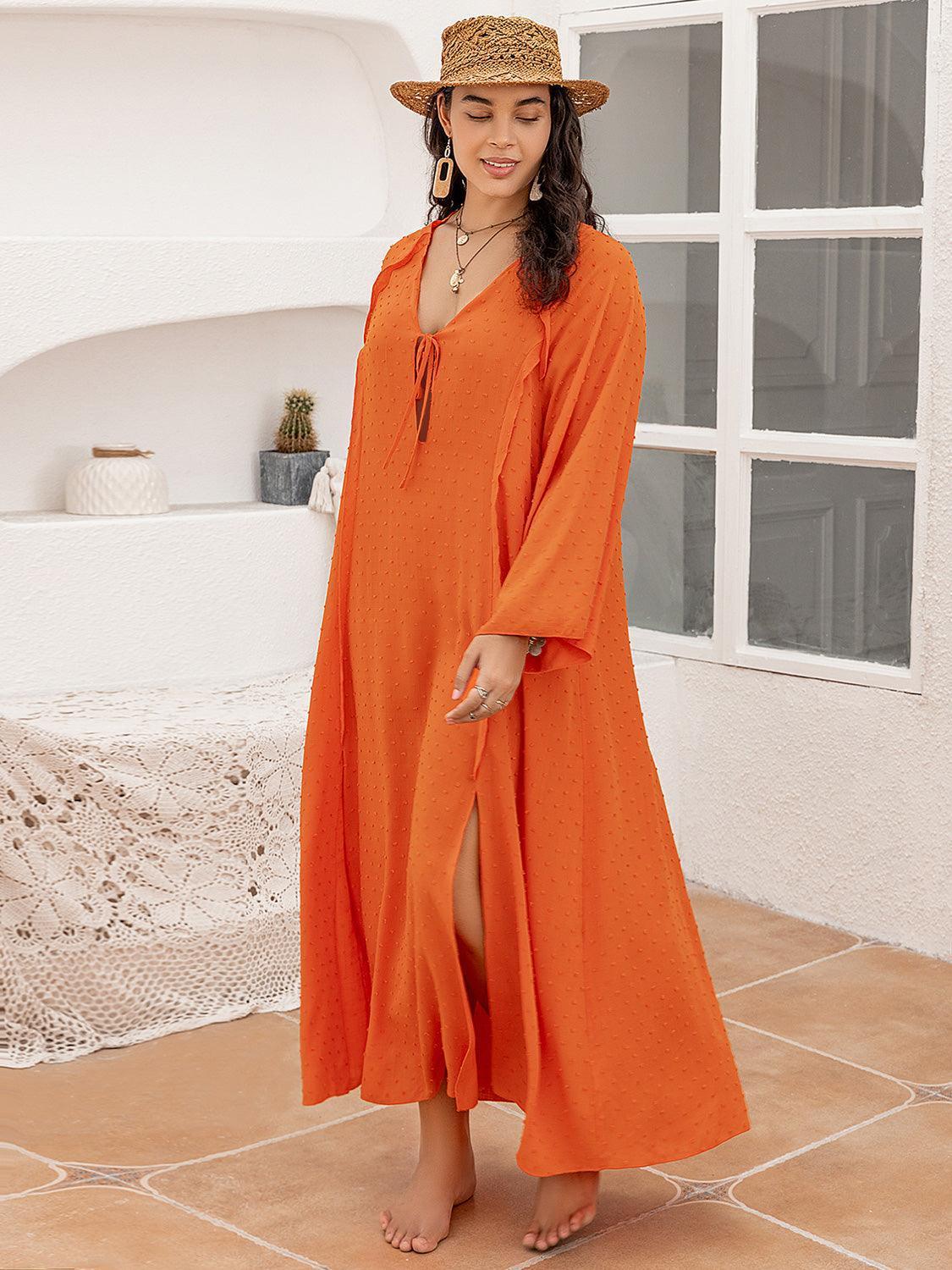 Plus Size Tie Neck Long Sleeve Slit Dress - ClubOn