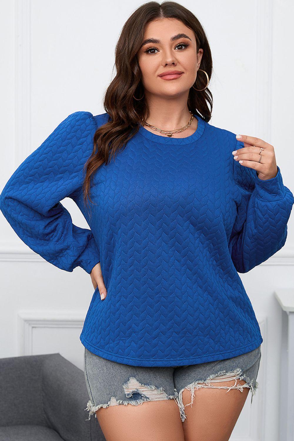Plus Size Textured Round Neck Long Sleeve Top - ClubOn