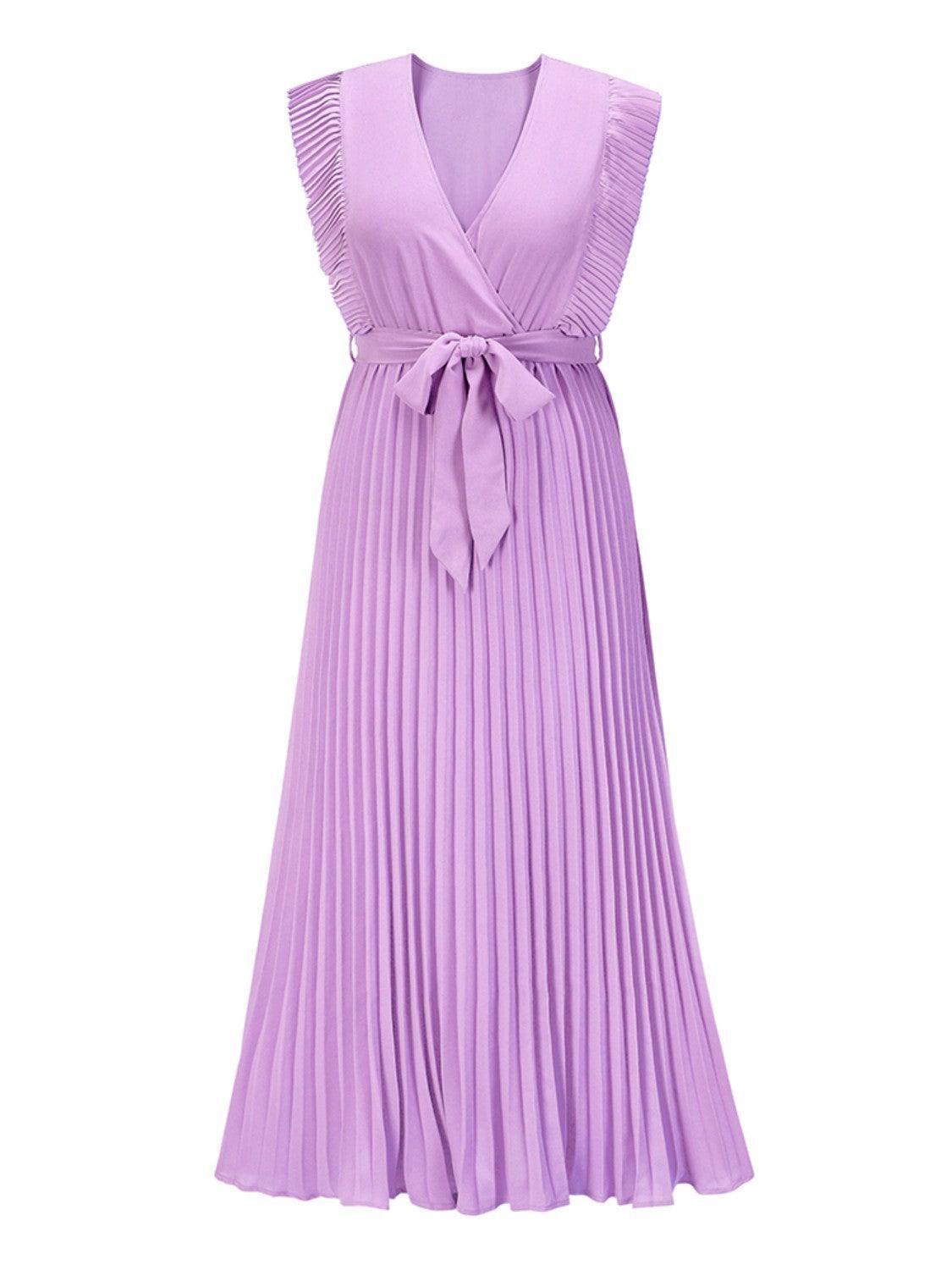 Tied Surplice Cap Sleeve Pleated Dress - ClubOn