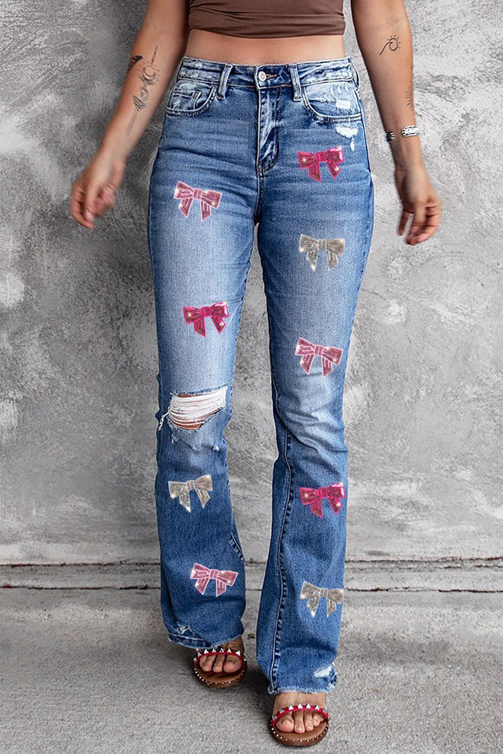 Sequin Bow Distressed Bootcut Jeans - ClubOn