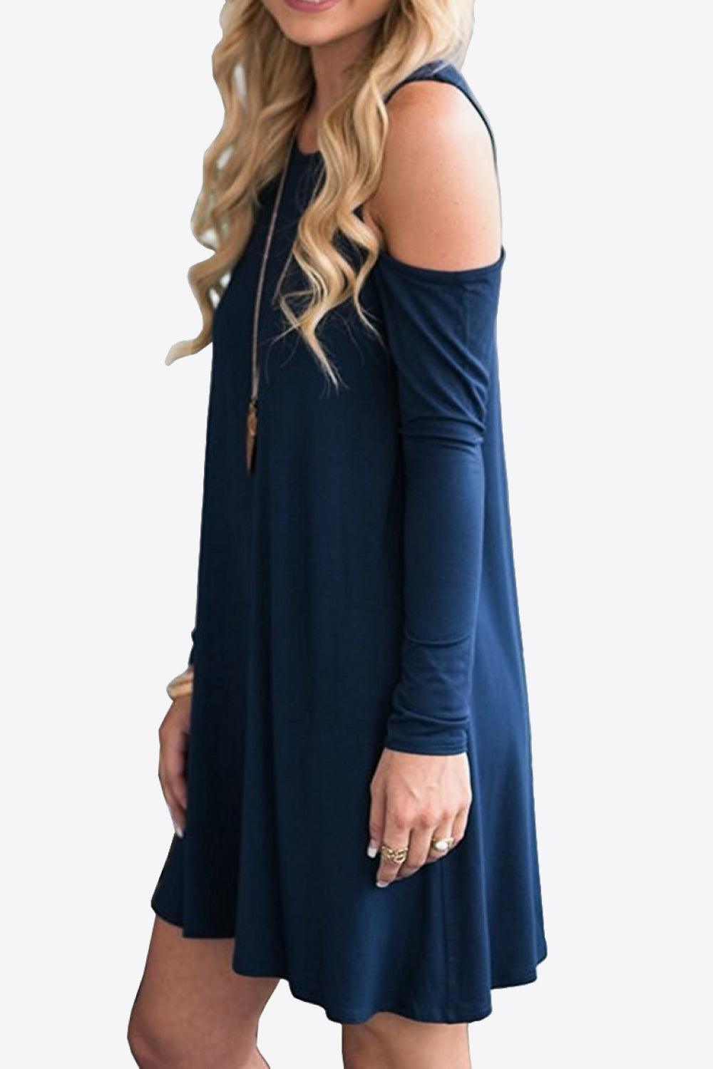 Cold-Shoulder Long Sleeve Round Neck Dress - ClubOn